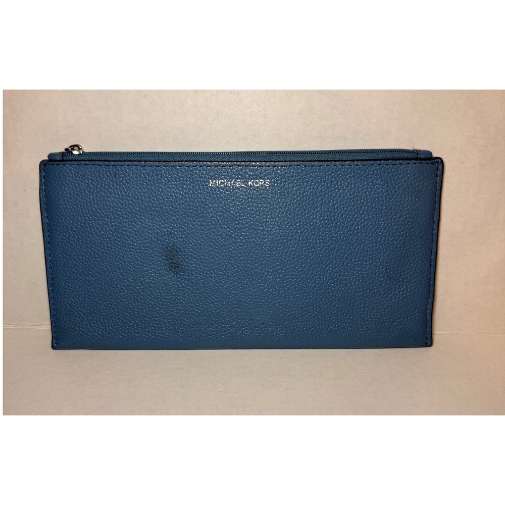 Michael Kors Jet Set Blue Pebbled‎ Leather Slim Zip Wallet Clutch